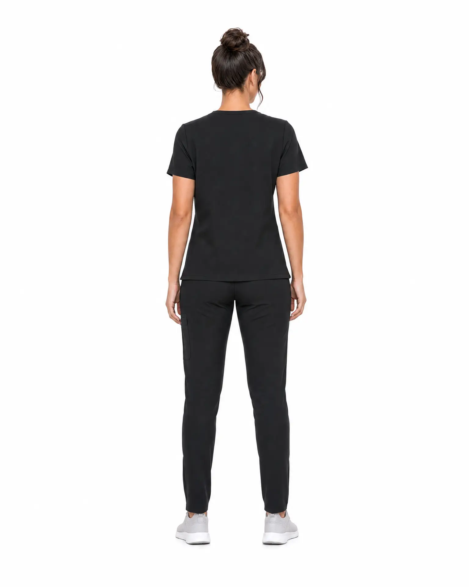 Black scrub set back view showing jogger pant fit and cargo pocket