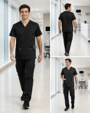 Men's medical scrubs black back view showing cargo pant pockets