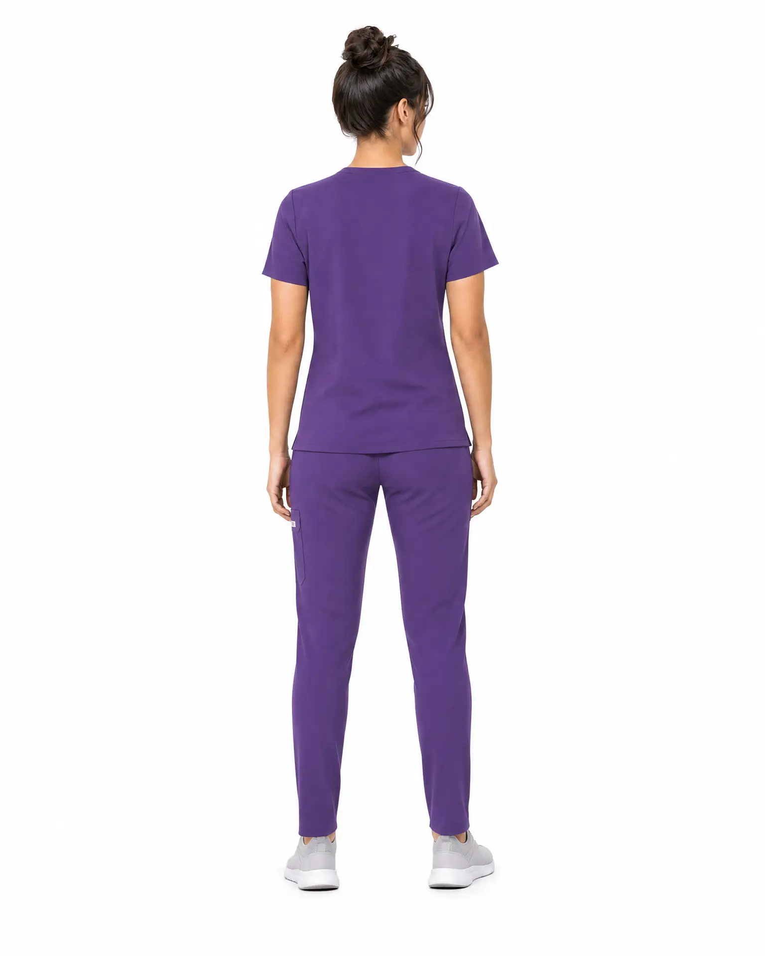 Women's purple scrubs back view, V-neck top and jogger pants