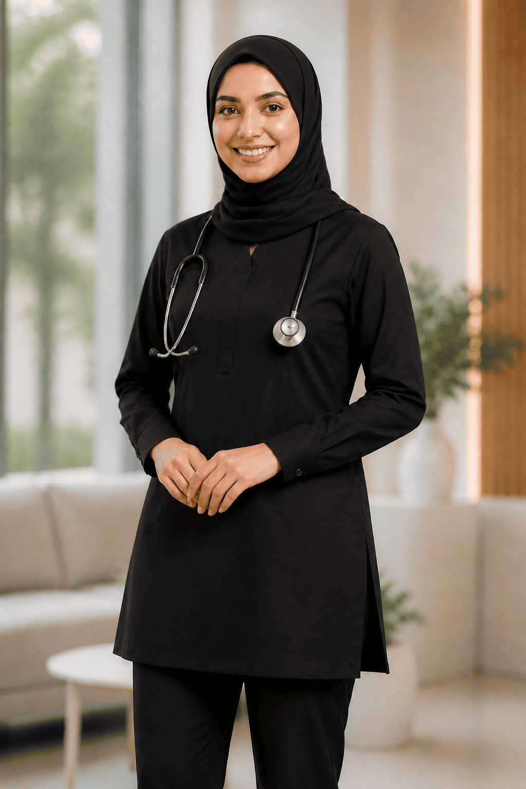 Premium Modest Medical Scrub Set for Women – Black extreme closeup