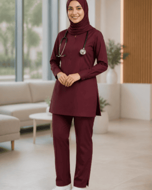 Premium Modest Medical Scrub Set for Women – Burgundy Front View