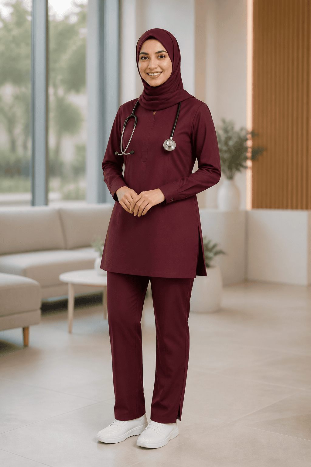 Premium Modest Medical Scrub Set for Women – Burgundy Front View
