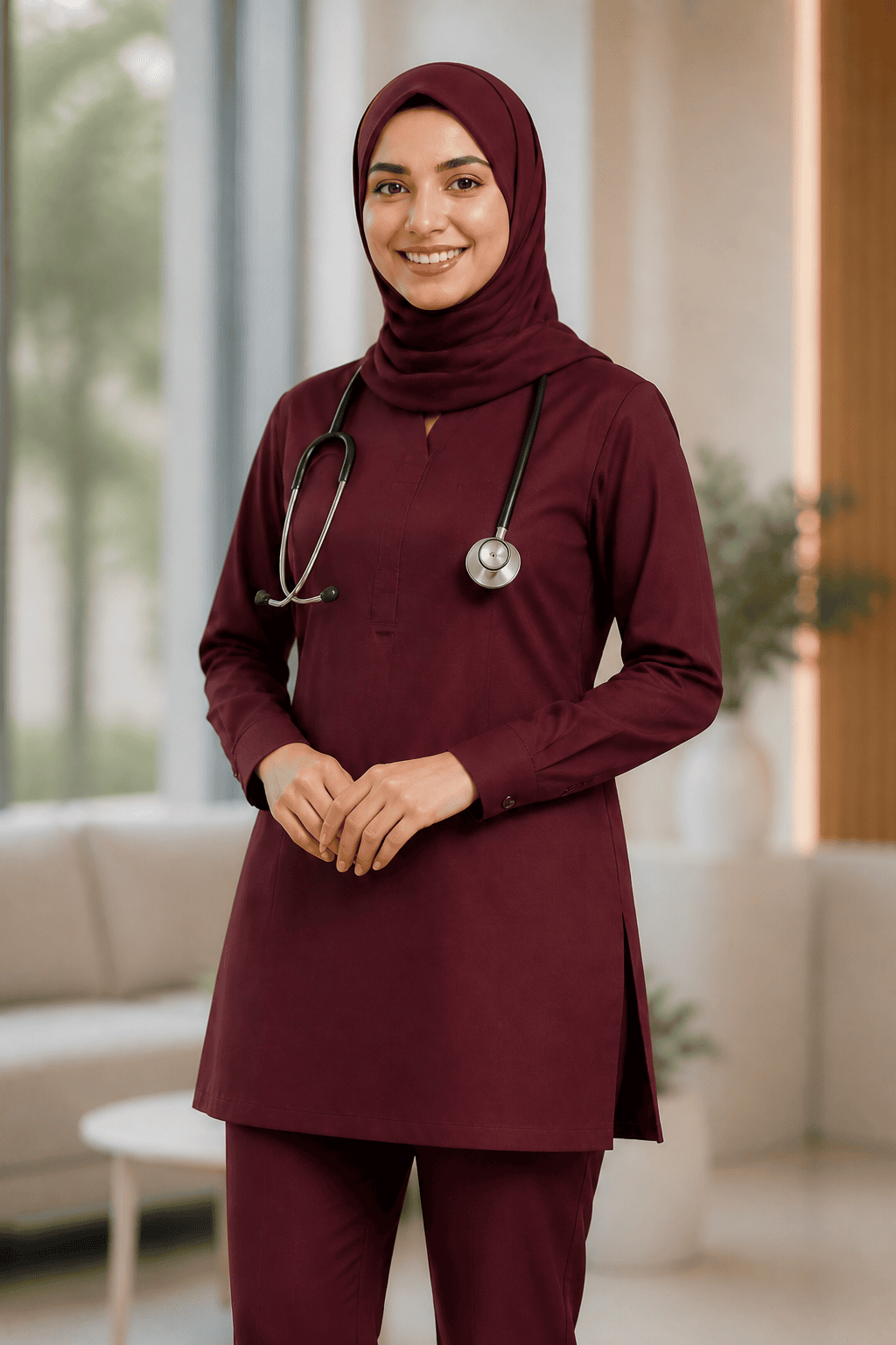 Premium Modest Medical Scrub Set for Women – Burgundy closeup
