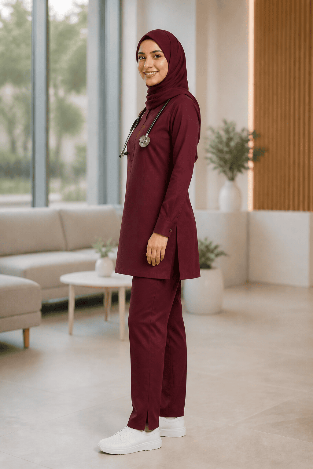 Premium Modest Medical Scrub Set for Women – Burgundy side View