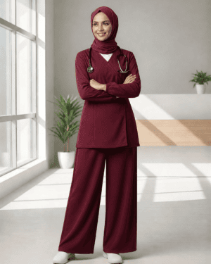 Wrap Hijab Scrub Set UAE - Burgundy Tunic Top and Wide-Leg Pants