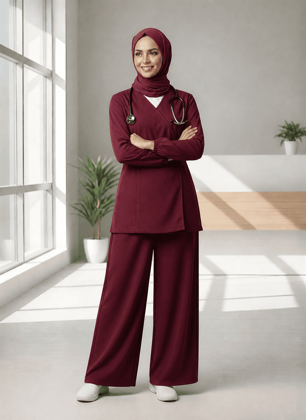 Wrap Hijab Scrub Set UAE - Burgundy Tunic Top and Wide-Leg Pants