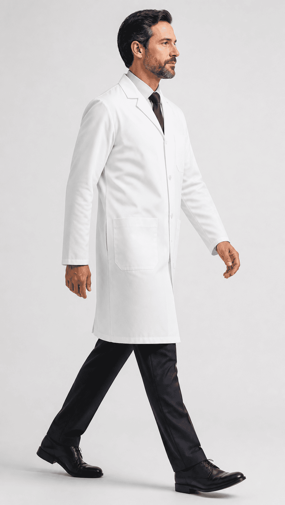 Doctor Lab Coat side view showing tailored fit and knee-length cut
