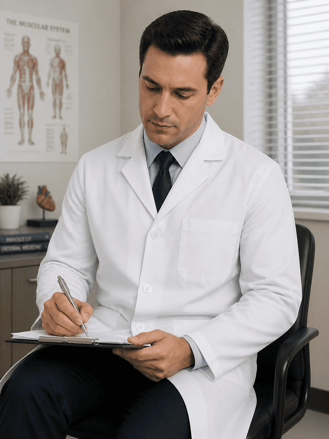 Doctor Lab Coat side view showing tailored fit and knee-length cut