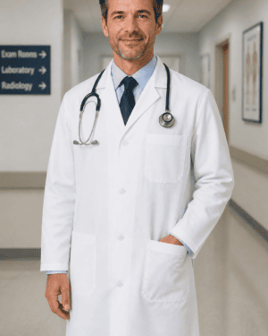 Doctor Lab Coat side view showing tailored fit and knee-length cut