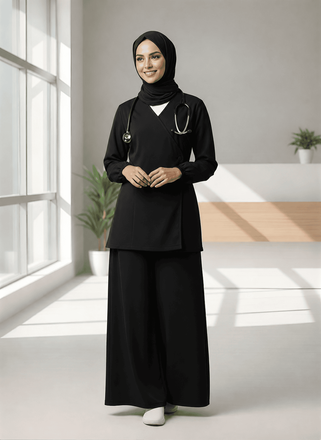 Black Hijab Medical Scrub uniform with coordinating non-slip hijab