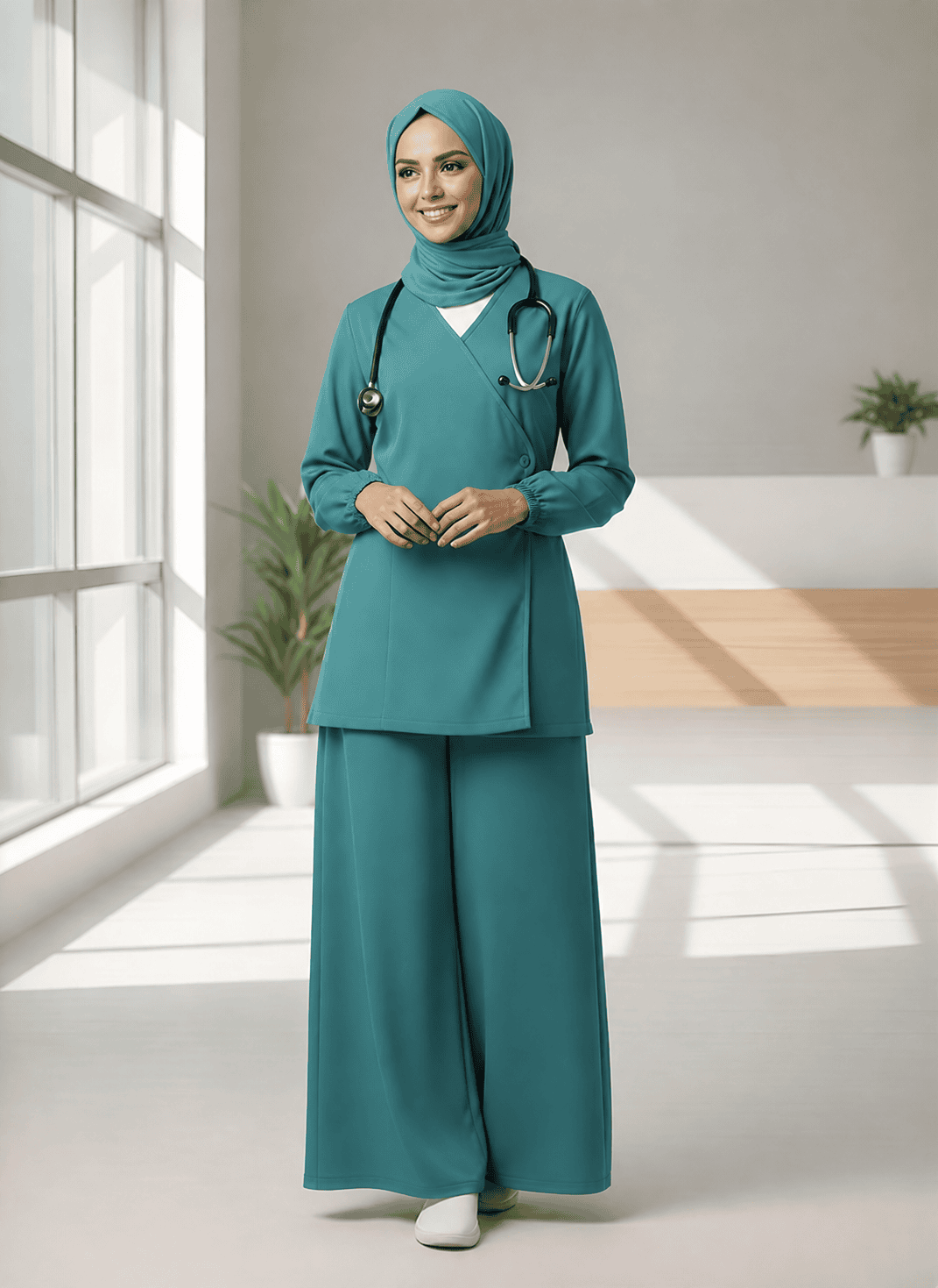 Wrap Hijab Scrub Set for Women – Modest Tunic Top & Wide-Leg Pants | UAE - Image 2