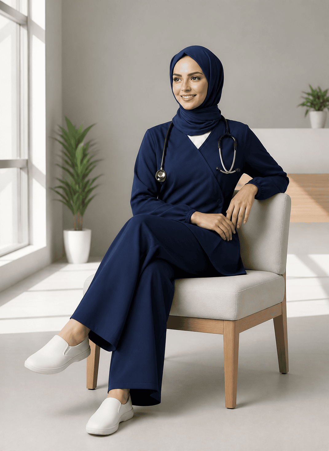 Navy Blue Hijab Medical Scrub set with wrap top and matching hijab