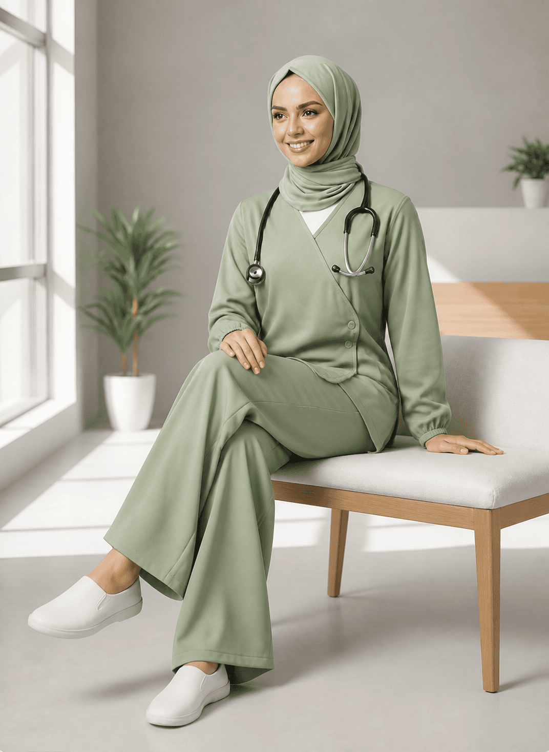 Sage Green Hijab Medical Scrub set with wrap-front top and trousers