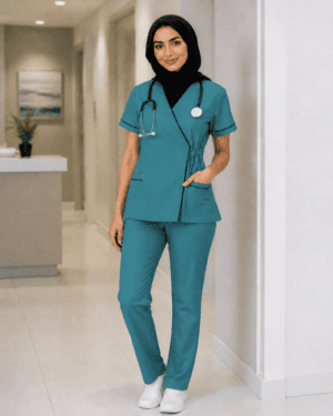 Women's Premium Teal Medical Scrubs Set V-Neck Wrap Top Front View