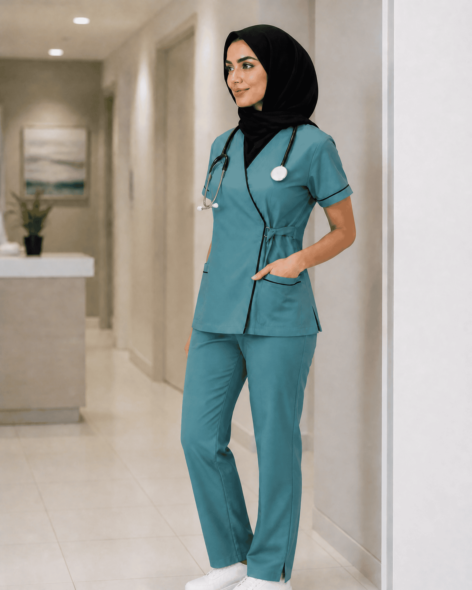 Women's Premium Teal Medical Scrubs Set Side Angle Healthcare Uniform
