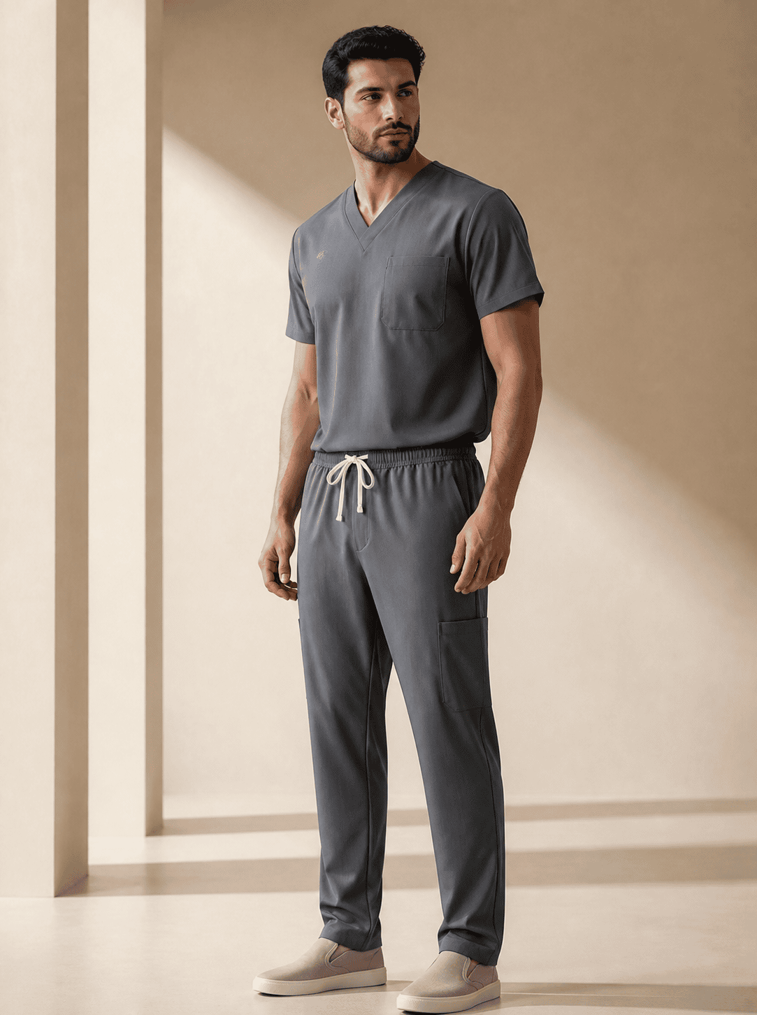 Men's grey scrub set - short sleeve V-neck top and cargo pants uniform