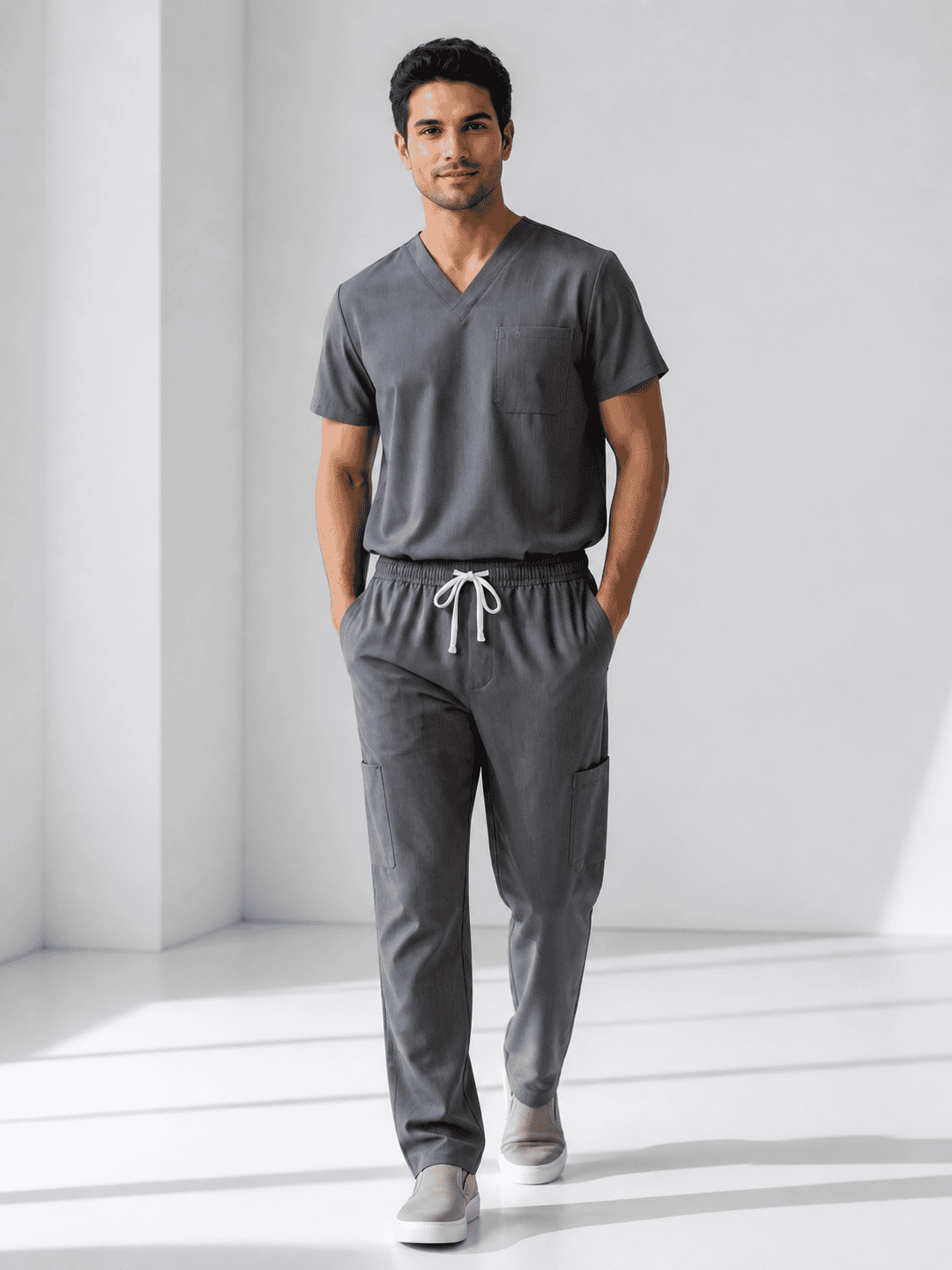 Men's grey scrub set - short sleeve V-neck top and cargo pants uniform