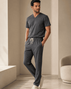 Men's grey scrub set - short sleeve V-neck top and cargo pants uniform