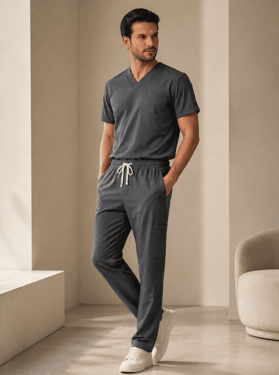 Men's grey scrub set - short sleeve V-neck top and cargo pants uniform